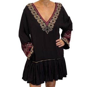 Free People Wild One Black Embroidered Long Sleeve V Neck Mini Dress Tunic XS